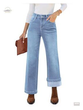Wide Leg High Rise Flare Jeans with Fleece Lining